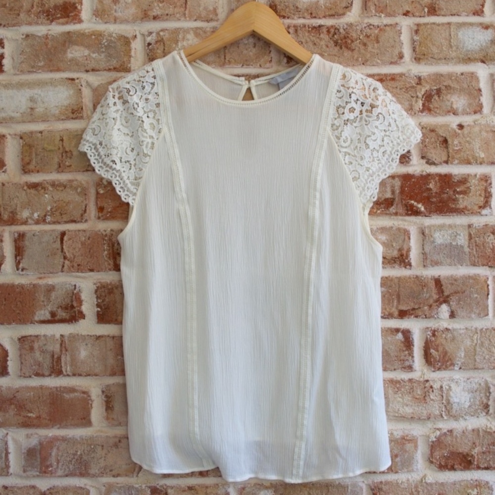 H&M women's off white lace short sleeve blouse